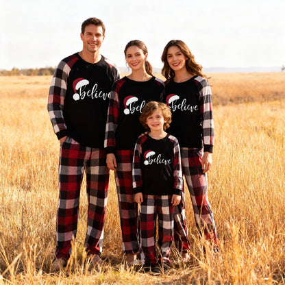 Chic und Stil | Christmas hat and 'Believe' letter print patterned check sleeves contrast tops and red & black & white check pants family pajama set with dog bandana