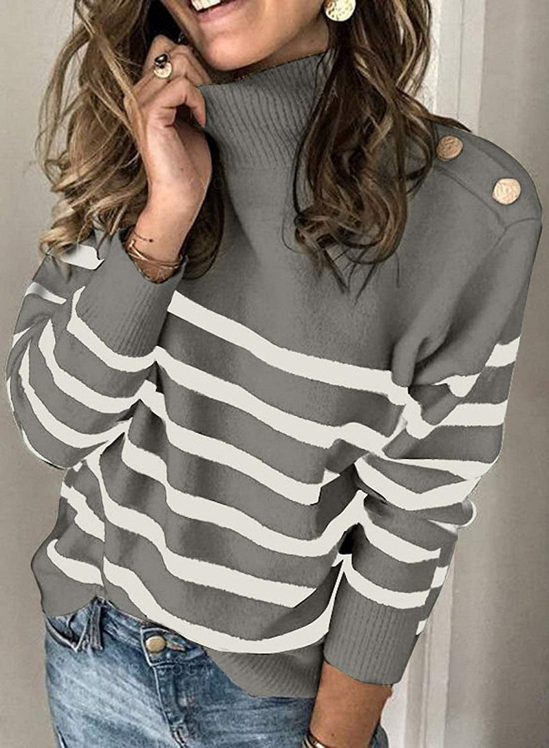 Pull femme à col haut avec motif rayé et boutons décoratifs Chic und Stil