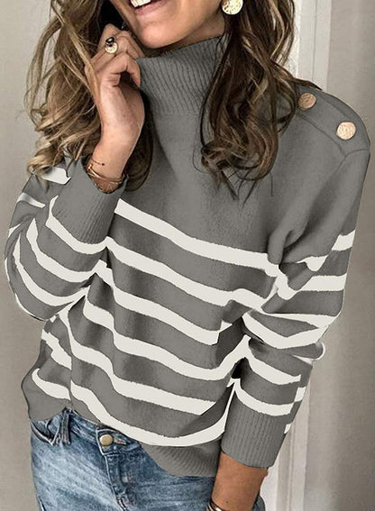 Pull femme à col haut avec motif rayé et boutons décoratifs Chic und Stil