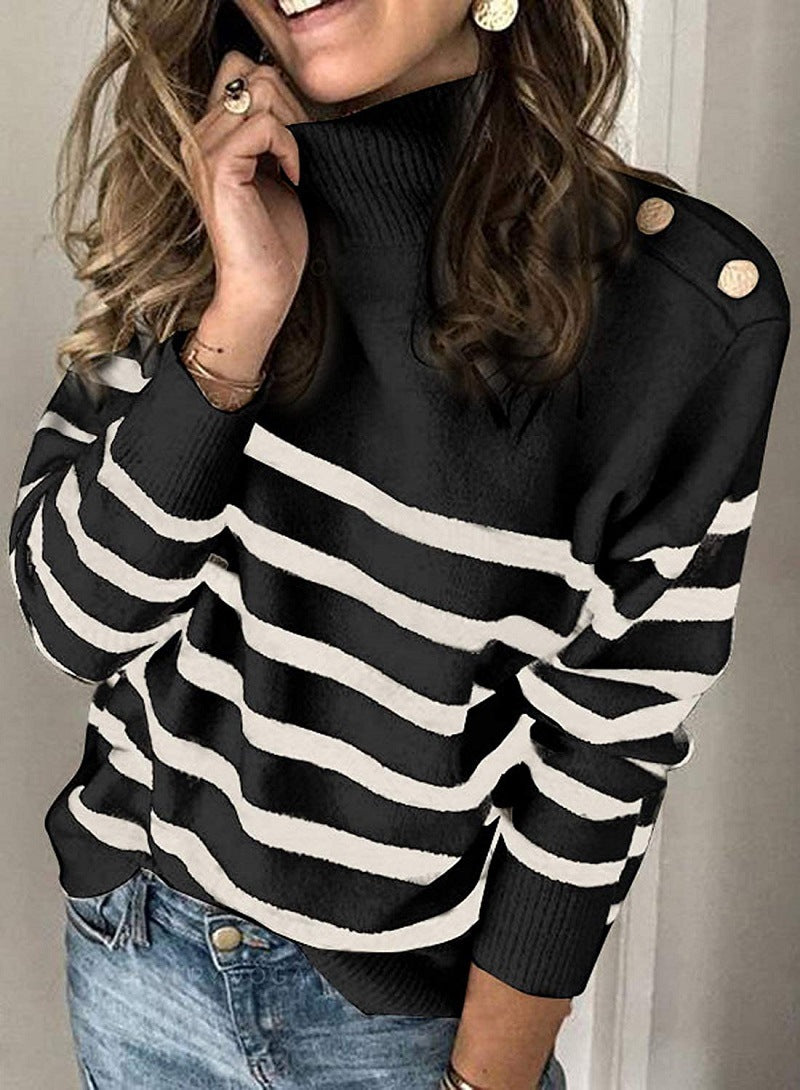 Pull femme à col haut avec motif rayé et boutons décoratifs Chic und Stil