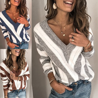 Pull-over femme à col en V avec motif en vagues Chic und Stil