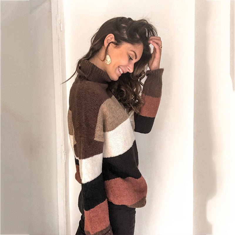 Dames pull en gros tricot à col haut et design rayé Chic und Stil