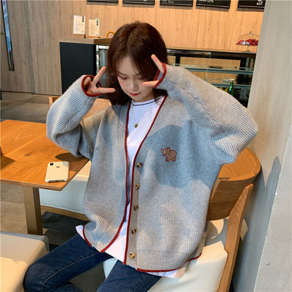 Dames Gros tricot Cardigan avec boutons français et élégante application animale Chic und Stil