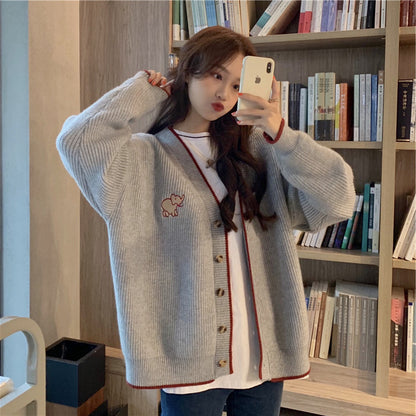 Dames Gros tricot Cardigan avec boutons français et élégante application animale Chic und Stil