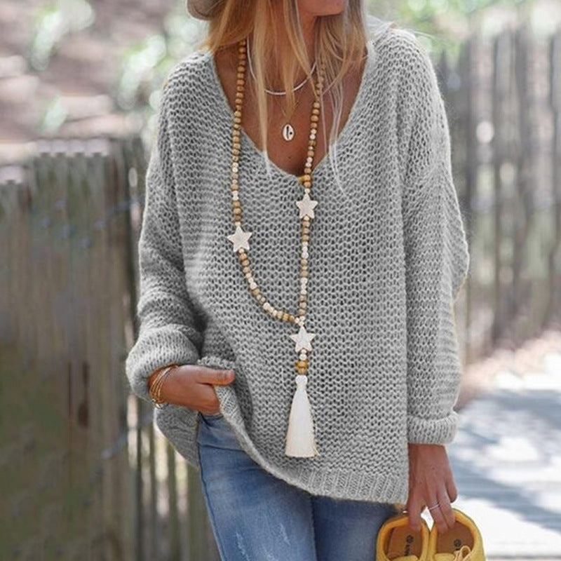 Femme Pull en maille épaisse avec décolleté en V large et coupe décontractée Chic und Stil