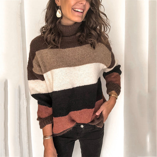 Dames pull en gros tricot à col haut et design rayé Chic und Stil