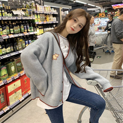 Dames Gros tricot Cardigan avec boutons français et élégante application animale Chic und Stil