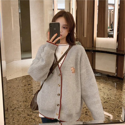 Dames Gros tricot Cardigan avec boutons français et élégante application animale Chic und Stil