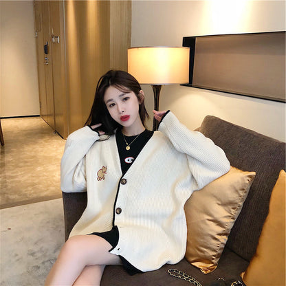 Dames Gros tricot Cardigan avec boutons français et élégante application animale Chic und Stil