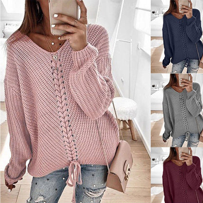 Dames Grand pull en maille avec décolleté en V profond et détail de cordon décoratif Chic und Stil