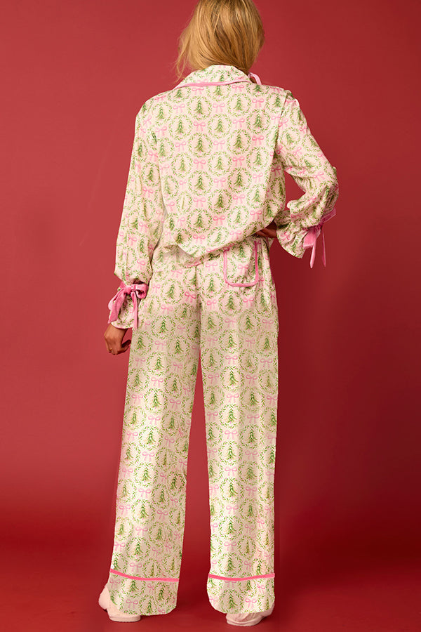 Chic und Stil | Christmas Printed Velvet Lacing Long Sleeve Bag Top and Elastic Waist Pants Set