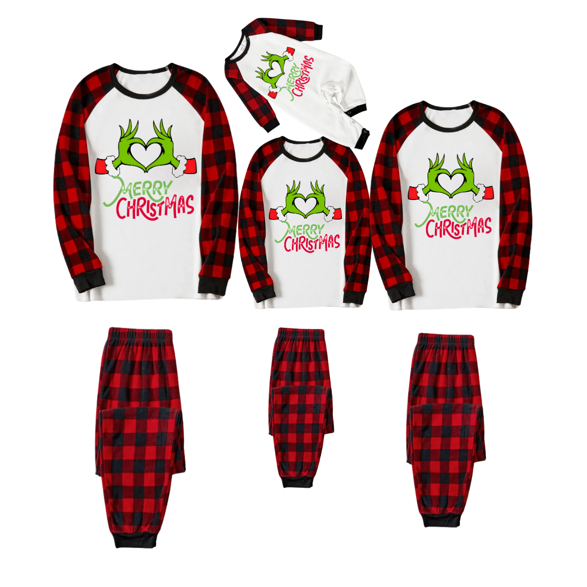 Chic und Stil | Merry Christmas 2025 Memories Family Pajama Set - White Top, Red Pants, Red Buffalo Check Pattern Sleeves