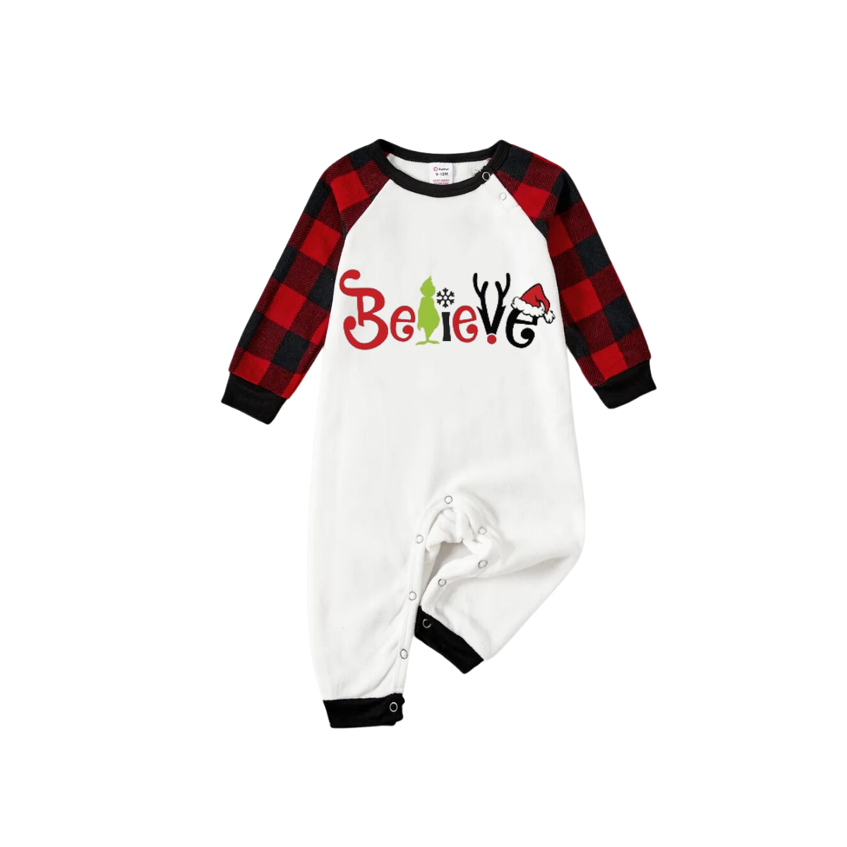 Chic und Stil | Christmas 2025 "Believe" Letters White Long Sleeve Top and Red-Black Checked Pants Family Matching Pajamas