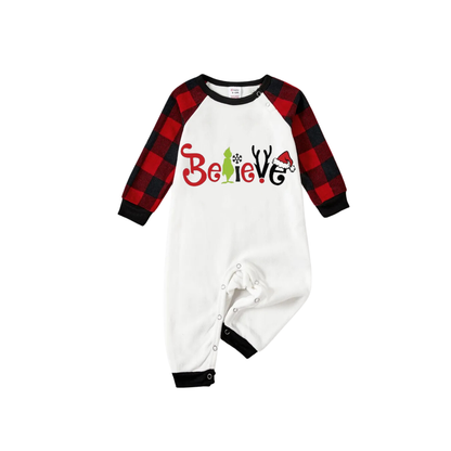 Chic und Stil | Christmas 2025 "Believe" Letters White Long Sleeve Top and Red-Black Checked Pants Family Matching Pajamas