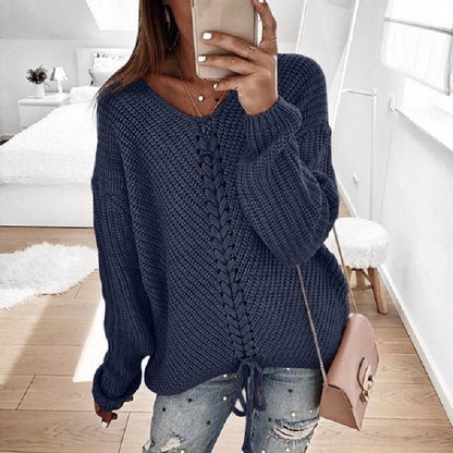 Dames Grand pull en maille avec décolleté en V profond et détail de cordon décoratif Chic und Stil