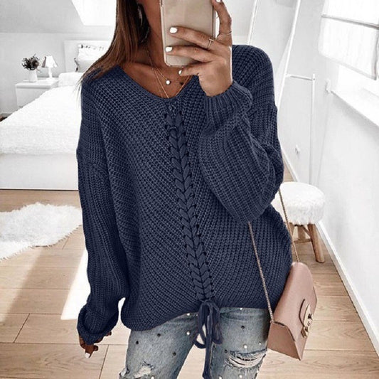 Dames Grand pull en maille avec décolleté en V profond et détail de cordon décoratif Chic und Stil