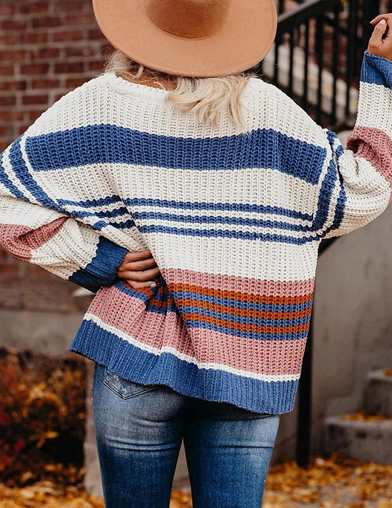 Dames gros pull en tricot avec motif rayé polyvalent Chic und Stil