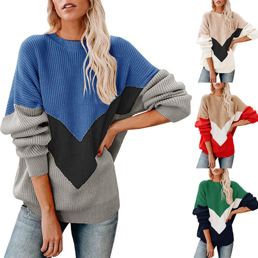 Pull en tricot gros pour femmes avec design coloré en V Chic und Stil