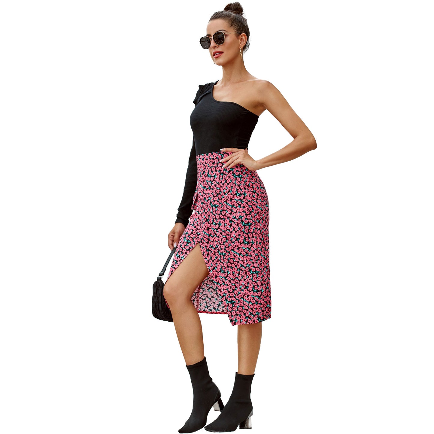 Robe mi-longue femme à bretelle asymétrique et coupe florale Chic und Stil