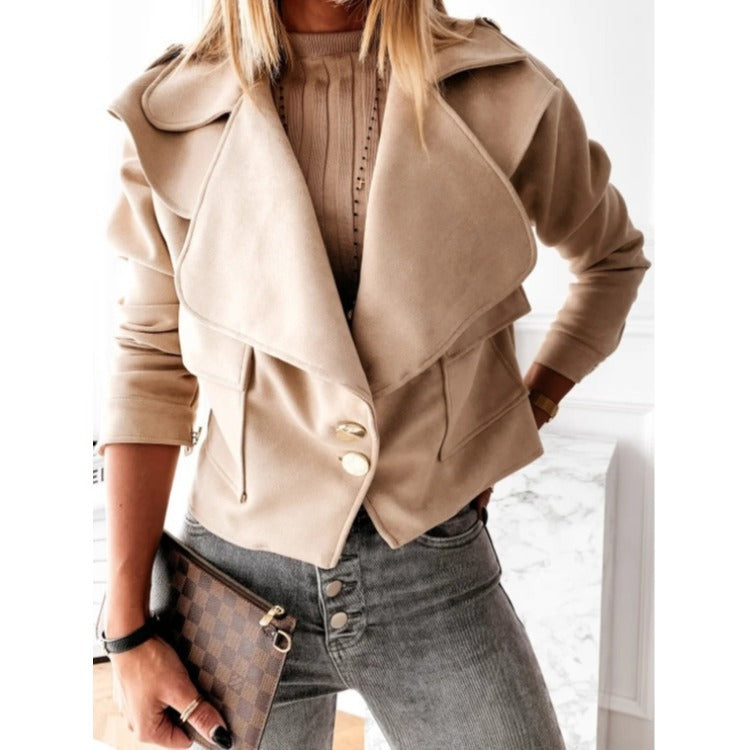 Dames Élégante Veste en Suède avec Col Asymétrique et Détails de Boutons Décoratifs Chic und Stil