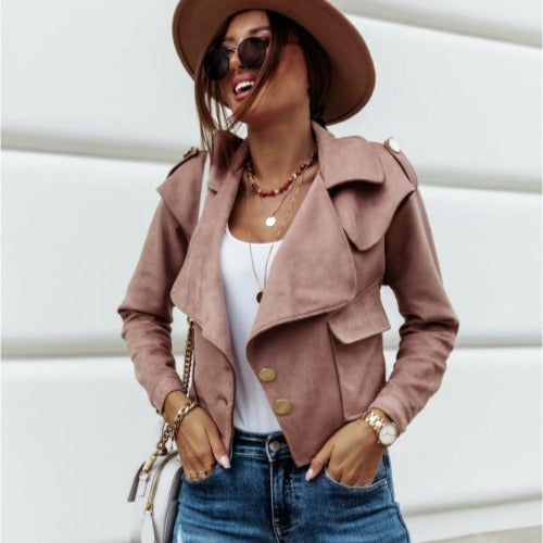 Dames Élégante Veste en Suède avec Col Asymétrique et Détails de Boutons Décoratifs Chic und Stil