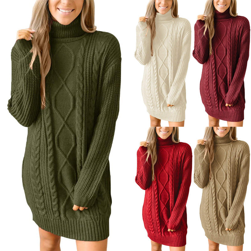 Robe pull en tricot épais pour femmes avec un magnifique motif en cable et un col haut Chic und Stil