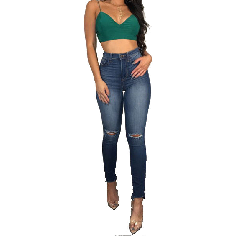 Women High-waisted Slim-fit Jeans with Ruffles and Trendy Chic Neckline