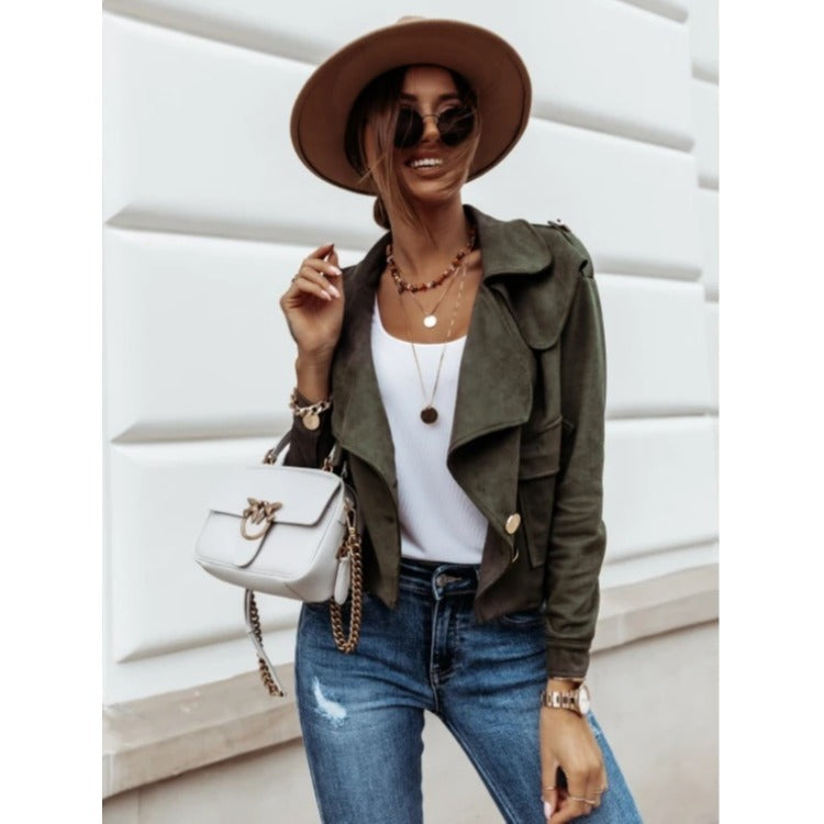 Dames Élégante Veste en Suède avec Col Asymétrique et Détails de Boutons Décoratifs Chic und Stil