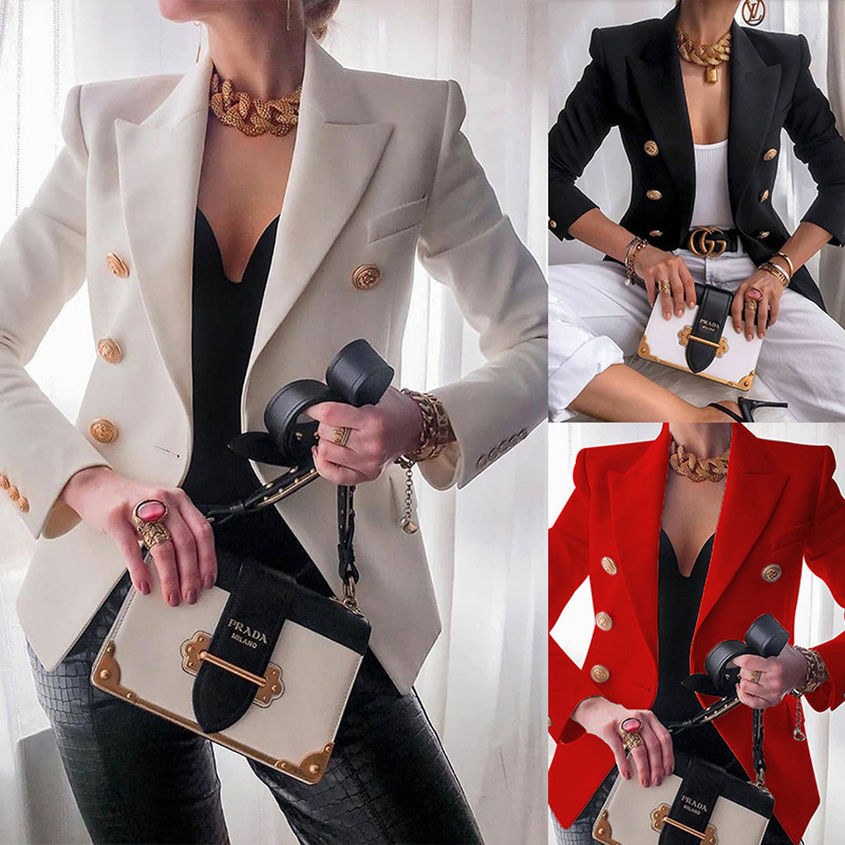 Women's elegant double-breasted blazer with golden buttons Chic and Style
