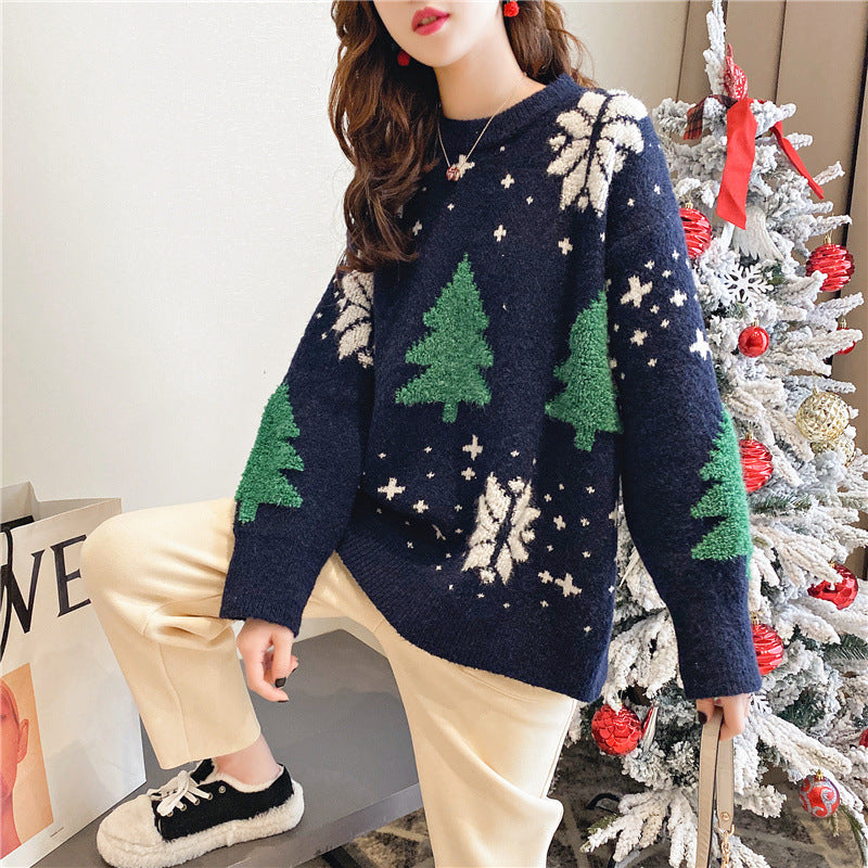 Pull de Noël confortable pour femmes avec motifs décoratifs d'arbre et de flocons de neige Chic und Stil