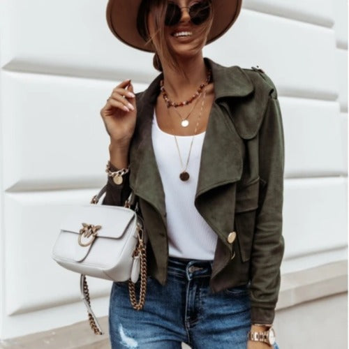 Dames Élégante Veste en Suède avec Col Asymétrique et Détails de Boutons Décoratifs Chic und Stil