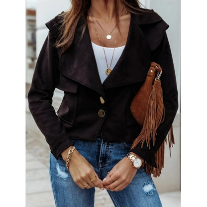 Dames Élégante Veste en Suède avec Col Asymétrique et Détails de Boutons Décoratifs Chic und Stil