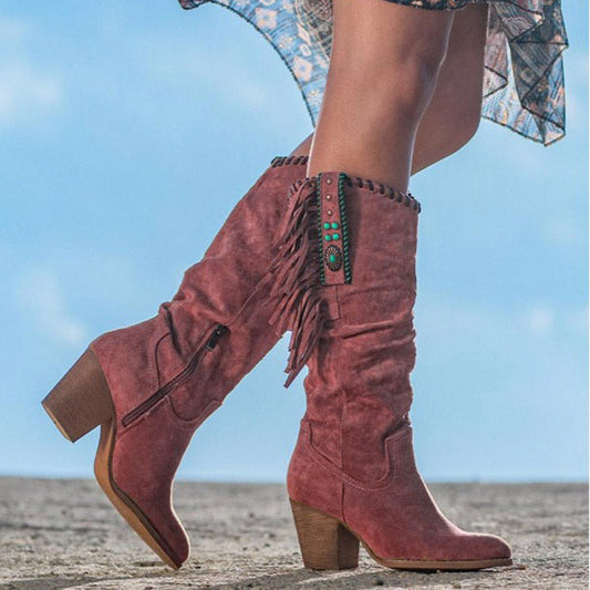 Chic und Stil | knee-high boots - synthetic suede - fringes and studs - western style - block heel