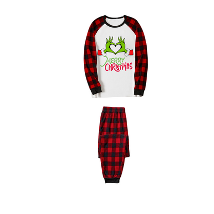 Chic und Stil | Merry Christmas 2025 Memories Family Pajama Set - White Top, Red Pants, Red Buffalo Check Pattern Sleeves