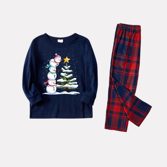 Chic und Stil | Navy blue and red checked Christmas pajama set with snowman and Christmas tree print