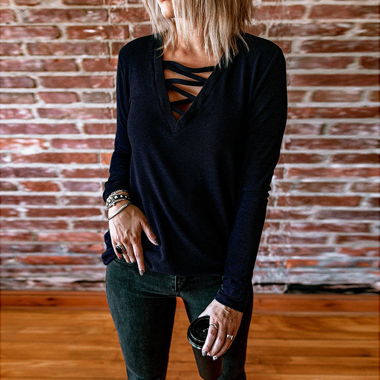 Chemisier à manches longues pour femmes avec décolleté en V et design de lacets décoratif Chic und Stil