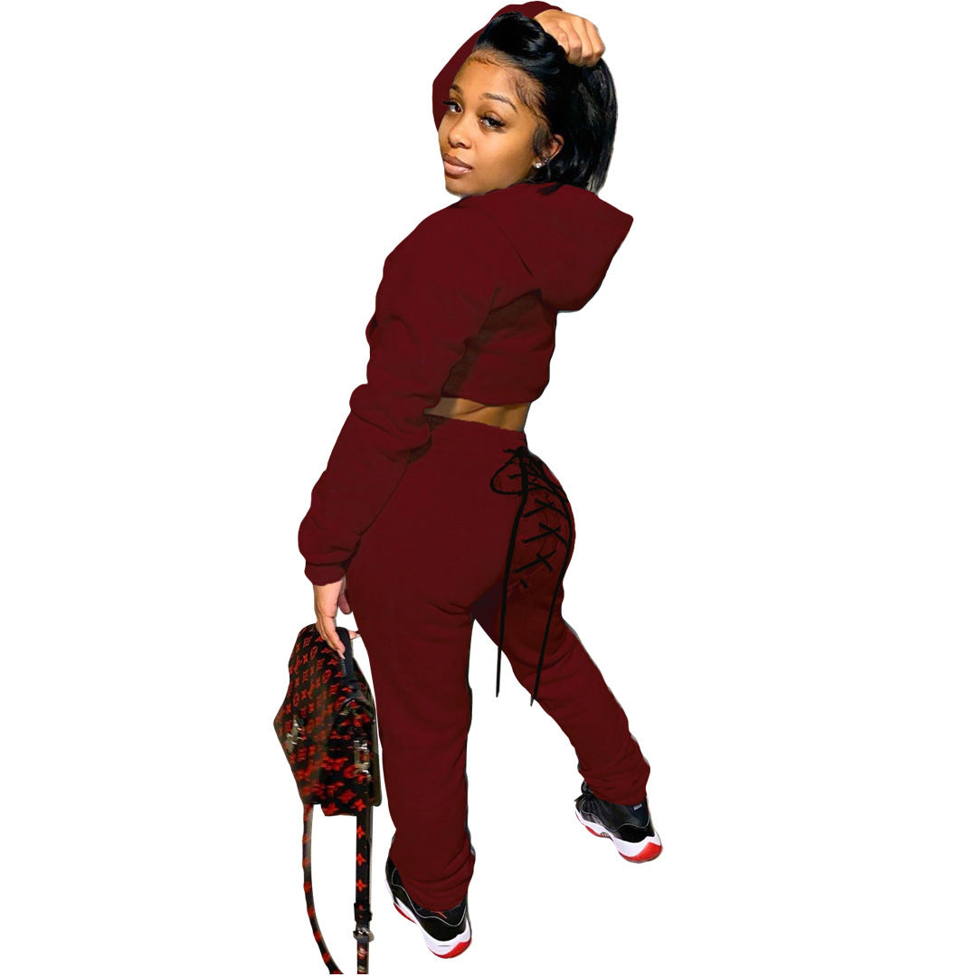 Dames Ensemble à capuche confortable avec des détails de lacets tendance Chic und Stil