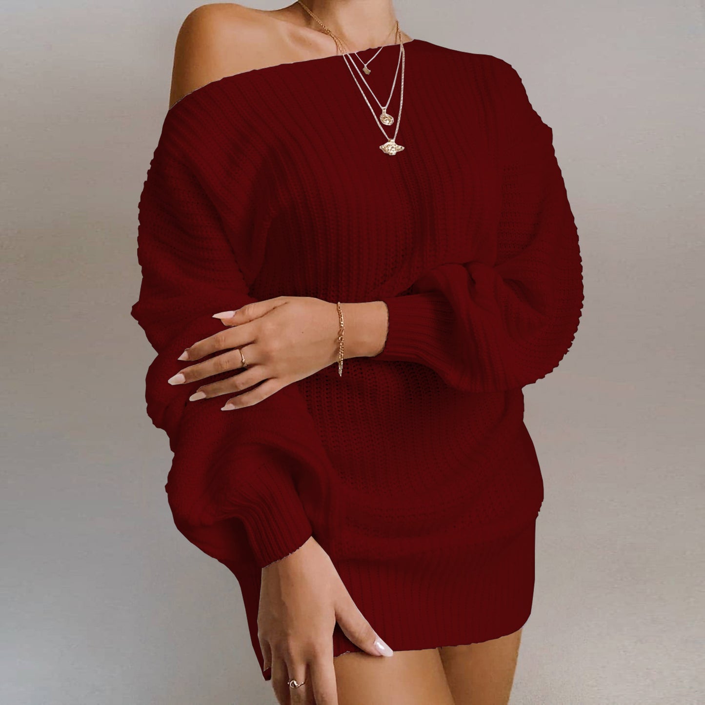 Robe en tricot off-shoulder pour femmes avec des manches volumineuses et une surface texturée Chic und Stil