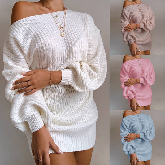 Robe en tricot off-shoulder pour femmes avec des manches volumineuses et une surface texturée Chic und Stil