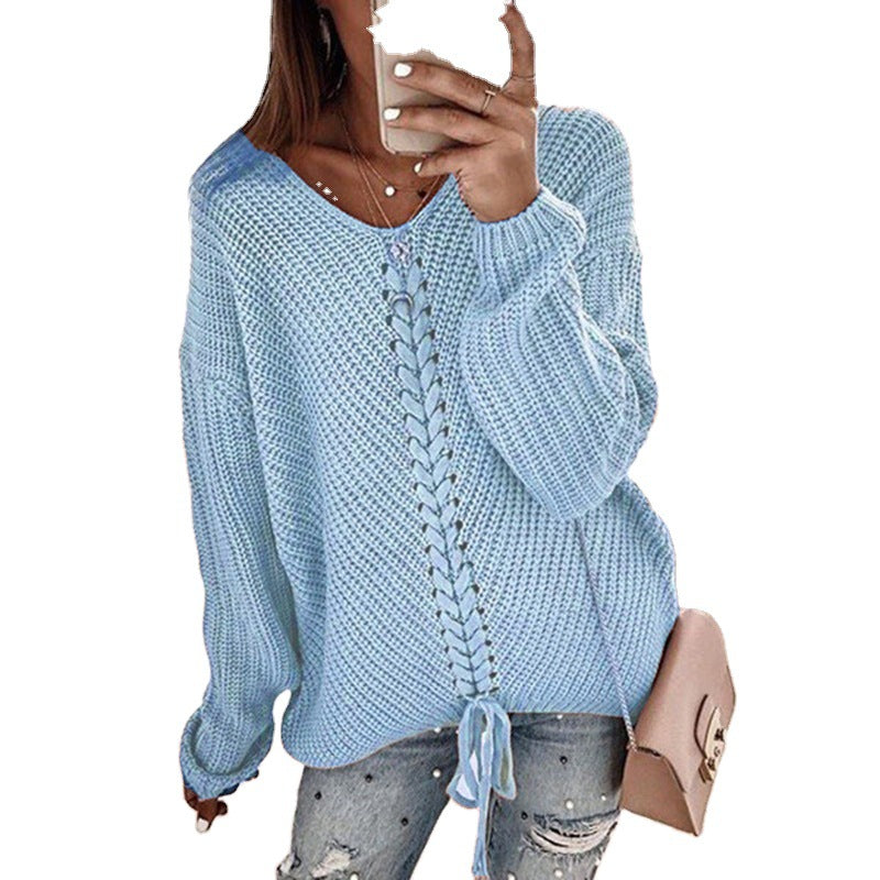 Dames Grand pull en maille avec décolleté en V profond et détail de cordon décoratif Chic und Stil