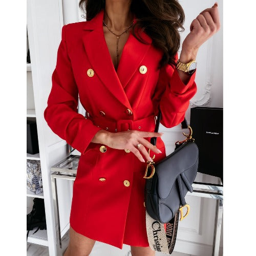 Dames Élégante robe blazer avec ceinture à la taille et double rangée de boutons Chic und Stil