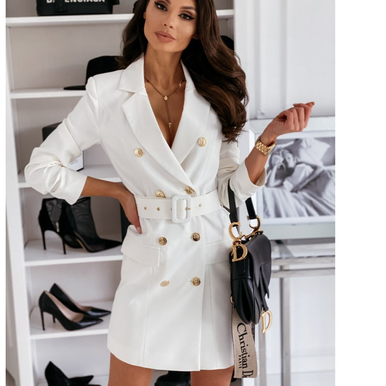 Dames Élégante robe blazer avec ceinture à la taille et double rangée de boutons Chic und Stil