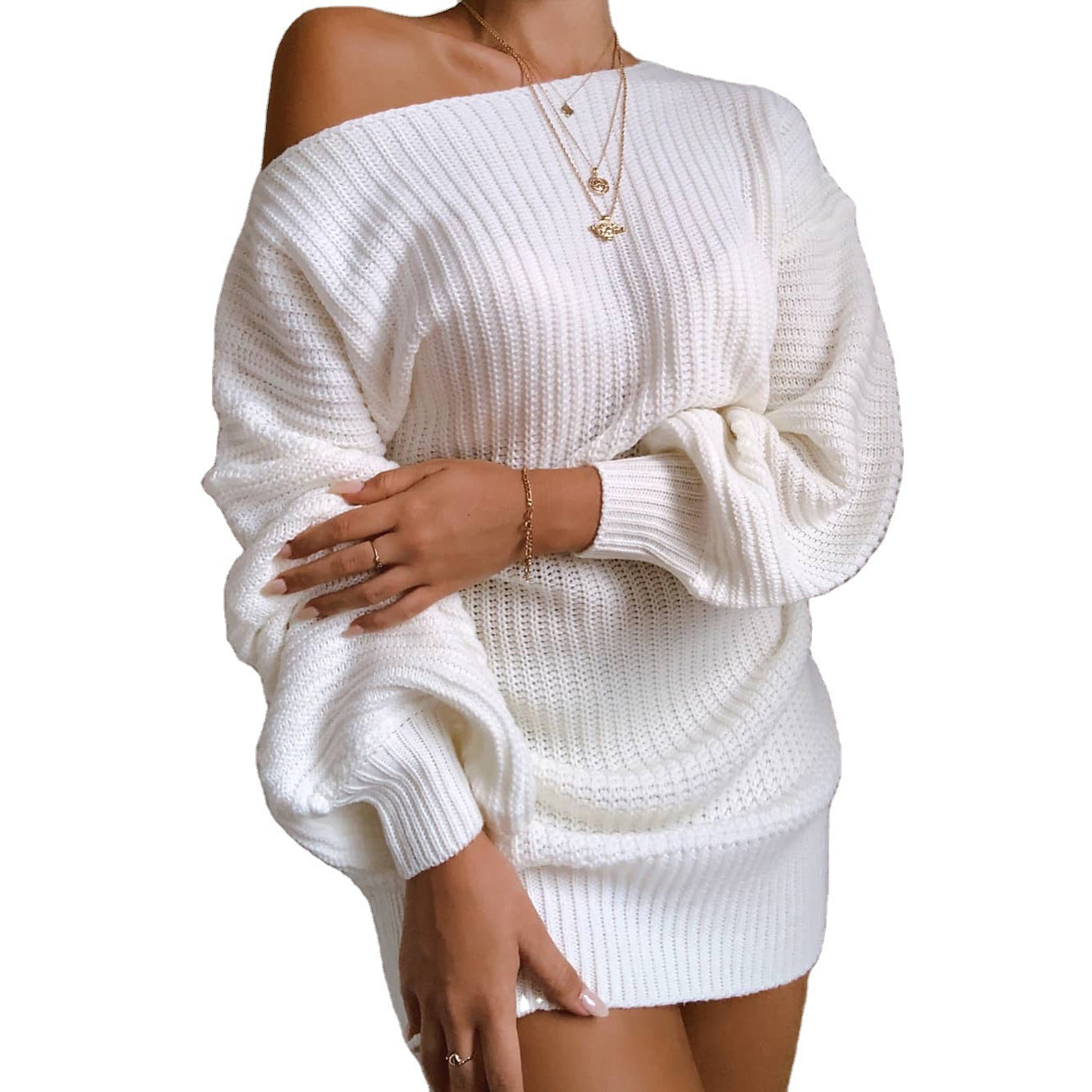 Robe en tricot off-shoulder pour femmes avec des manches volumineuses et une surface texturée Chic und Stil