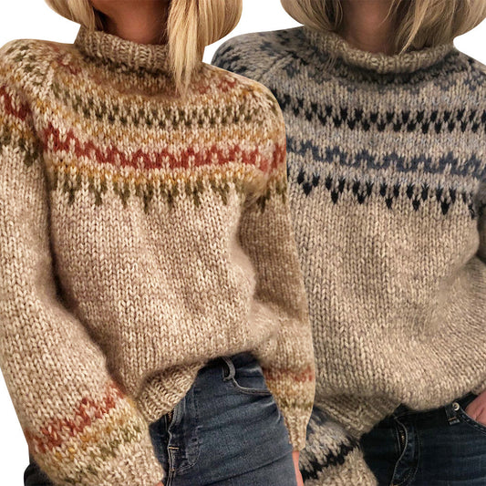 Dames Pull en maille épaisse avec col montant et motif unique Chic und Stil
