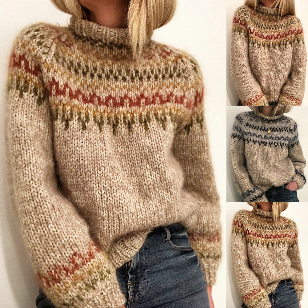 Dames Pull en maille épaisse avec col montant et motif unique Chic und Stil