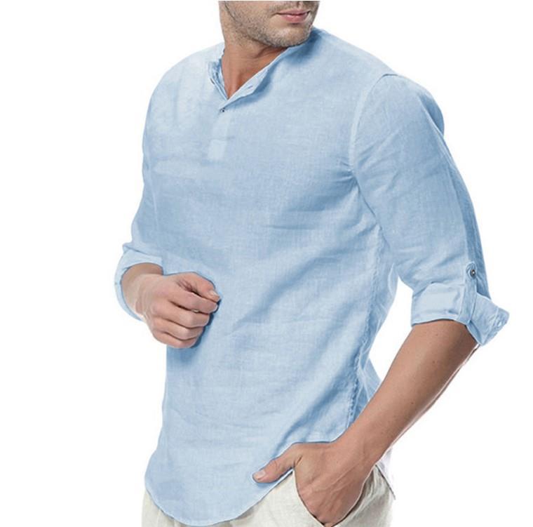 Chemise en lin décontractée pour hommes avec col montant moderne et détails de boutons pratiques Heidi-Mod.