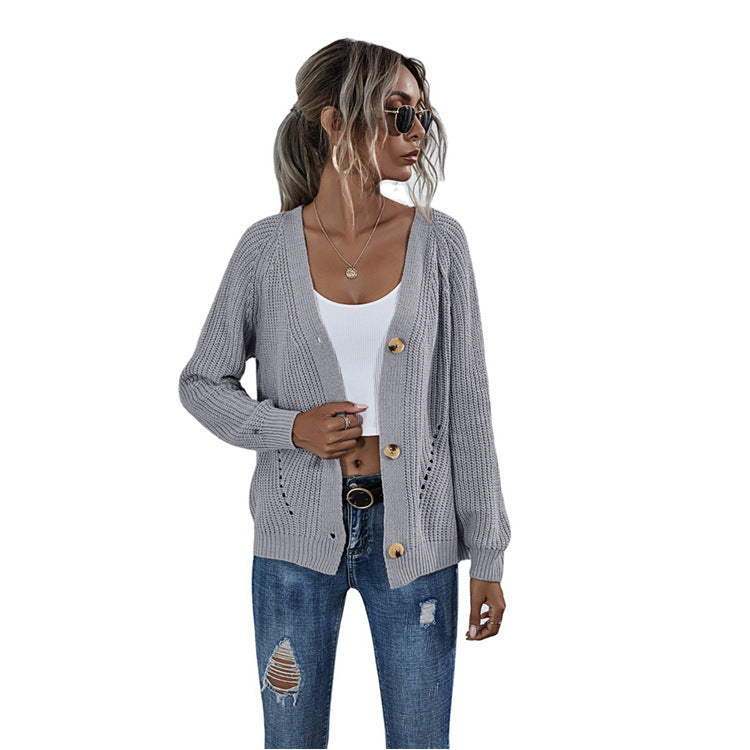 Dames cardigan décontracté avec décolleté en V profond et gros boutons Chic und Stil