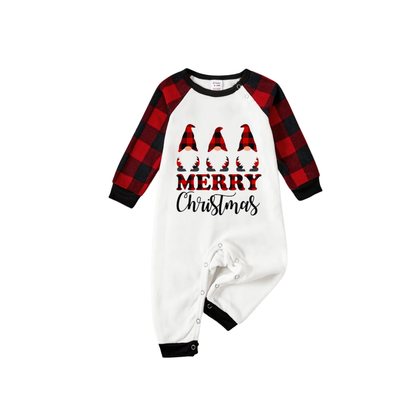 Chic und Stil | HAPPY Christmas letters and Santa hat printed white long sleeve top with red-black checkered pants family pajamas