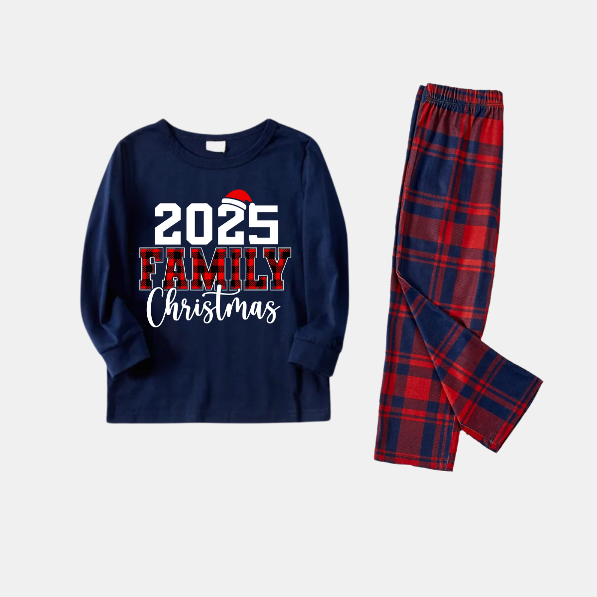 Chic und Stil | "2025 Christmas" Text and Santa hat print Blue Long-sleeved top with Red and Blue checkered pants Christmas pajamas in matching design