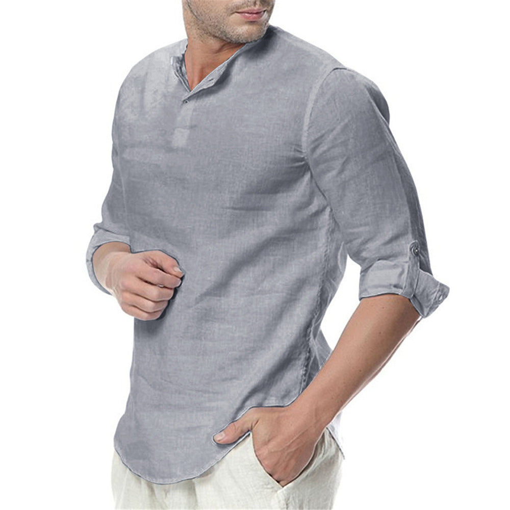 Chemise en lin décontractée pour hommes avec col montant moderne et détails de boutons pratiques Heidi-Mod.